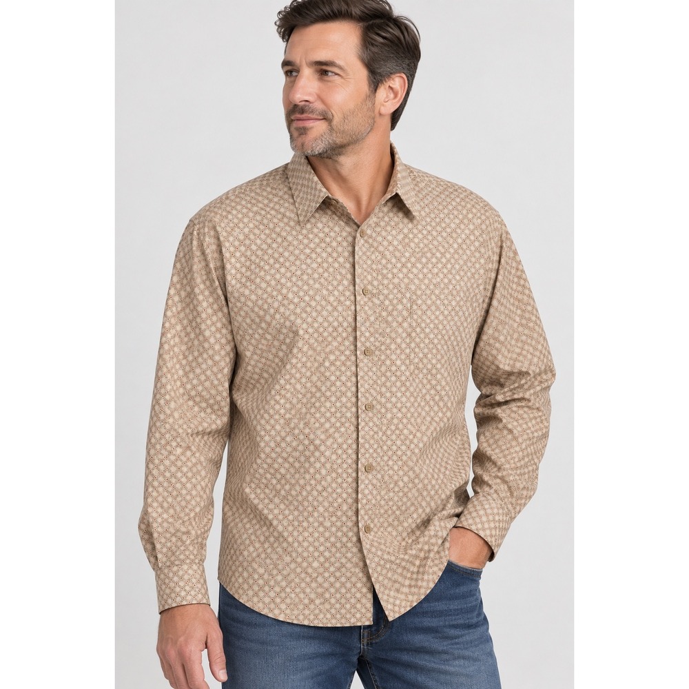 Vintage Claiborne Mens Long Sleeve Shirt Tan Geometric Diamond Print Size Medium